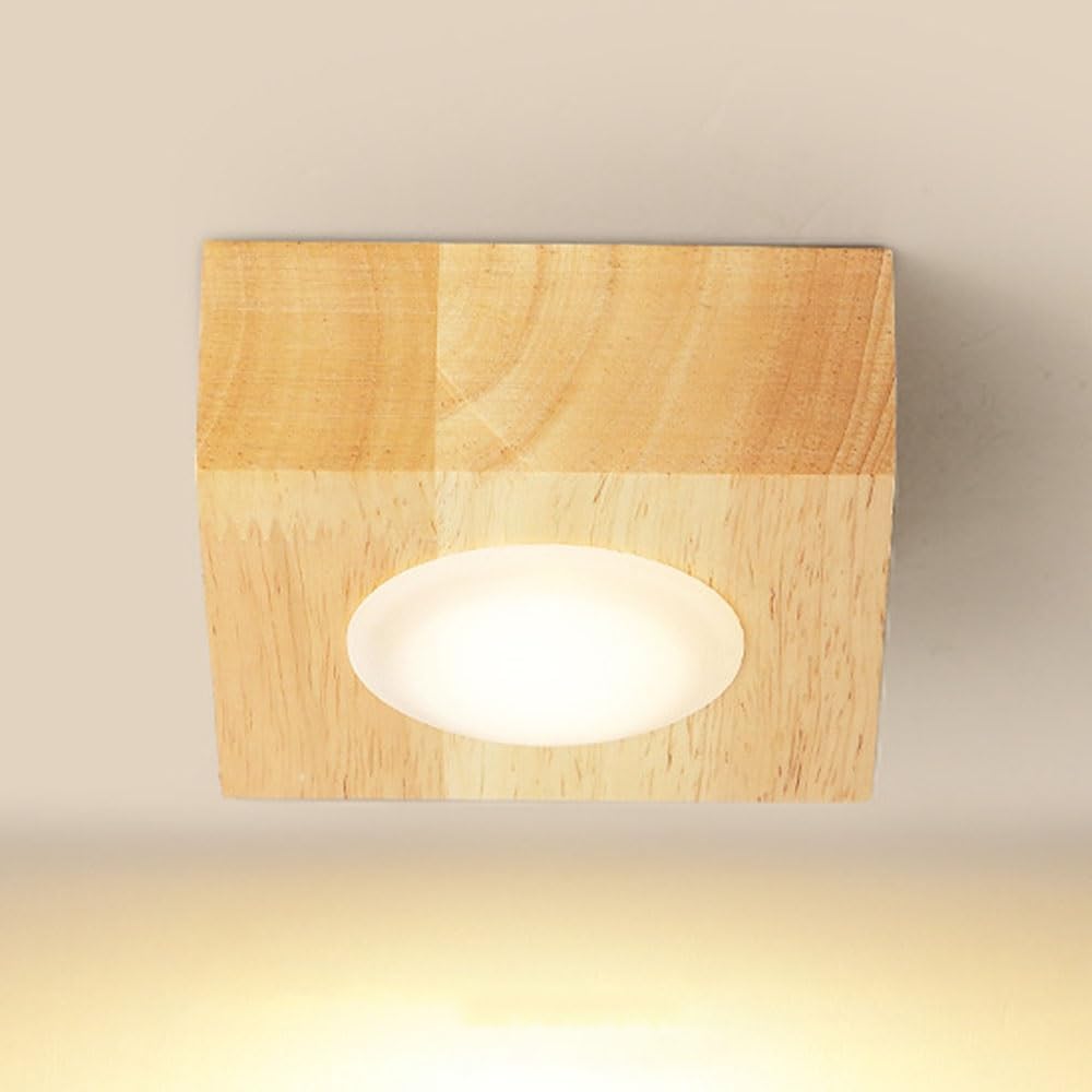 3.9" Square Spot Light Fixture Wood Ceiling Spotlight, 3W LED Semi Flush Mount Downlight Accent Lamp, Wooden Ceiling Spotlights for Living Room Hallway Restaurant(Wood-3000K)