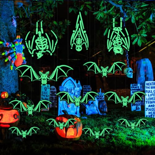 12PCS Halloween Decorations Luminous Hanging Bats,Halloween Decorations Outdoor,Halloween Flying Bat Hanging Decor 3d Bat Sticker For Decor With Glowing Skeleton For Hanging In The Tree,Porch,Indoor