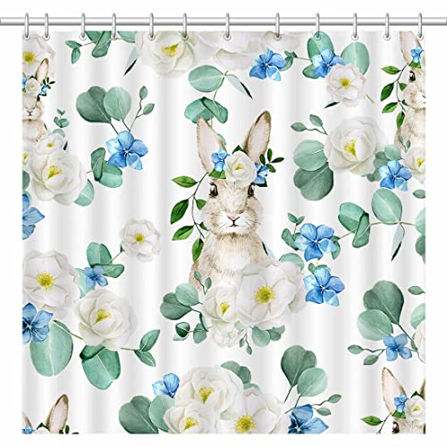 SHENGJUN 72x72 Easter Bunny Floral Shower Curtains, Spring Watercolor Floral Rabbits Holiday Bath Bathroom Curtains, Blue White Flowers Decors, Home Fabric Waterproof Shower Curtain Set with 12 Hooks SHENGJUN 72x72 Easter Bunny Floral Shower Curtains, Spring Watercolor Floral Rabbits Holiday Bath Bathroom Curtains, Blue White Flowers Decors, Home Fabric Waterproof Shower Curtain Set with 12 Hooks