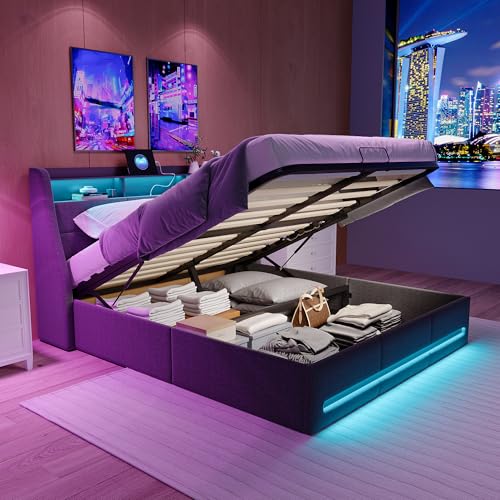 YYXLDYNB - Cama de 140 x 190 cm, cama para 2 personas con iluminación LED y carga USB, cama hidráulica con almacenamiento, somier de láminas, sin colchón, color gris
