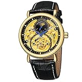 FORSINING Orologio da uomo automatico Tourbillon Skeleton Watch fasi lunari orologio da polso oro e nero, oro e nero, orologio scheletro, Oro e nero, Orologio scheletro