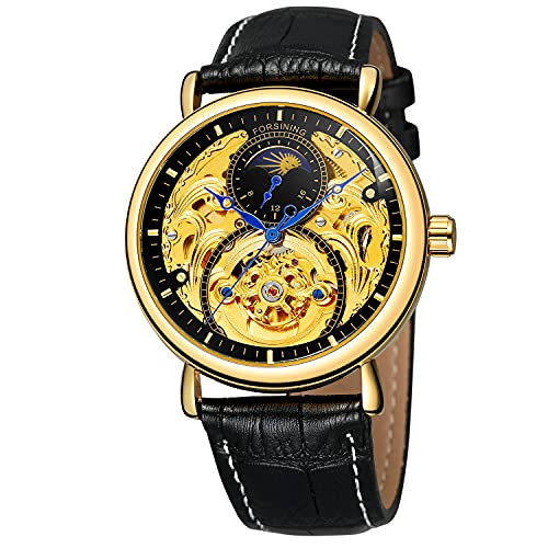 FORSINING Men Automatic Watches Tourbillon Skeleton Watch Moon Phase Wrist Watch Gold and Black