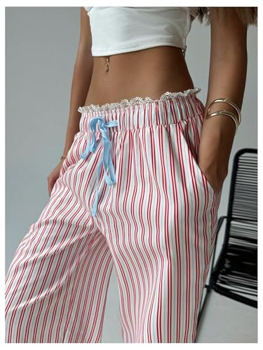 Women's Striped Lace Trim Drawstring Waist Wide Leg Loose Long Pants4