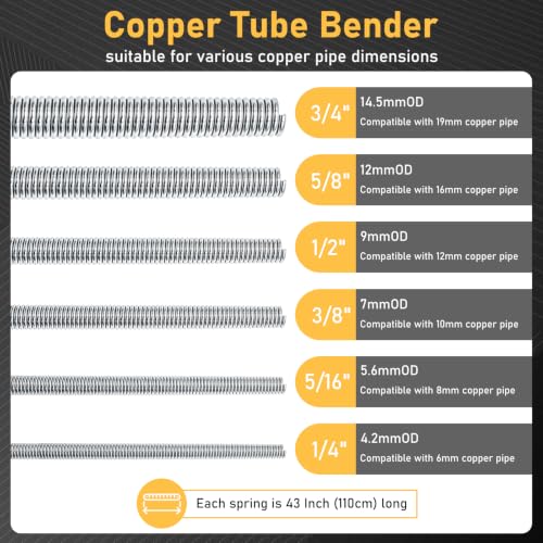 Image of Copper Tube Bender 1 /4, 5 /16, 3 /8, 1 /2, 5 /8 and 3 /4 Inch 6-in-1 Spring Tubing Benders, 43-Inch Long Spring, Bend Copper Pipe to Any Angle Manual for Brass, Aluminum and Thin Steel Tube