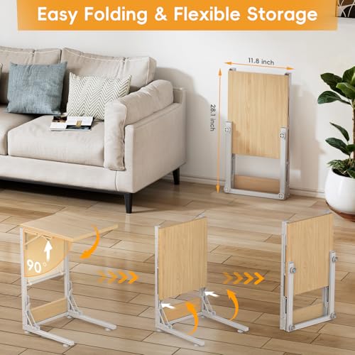 Image of Folding TV Tray Table, Small Folding Side Table with Storage Bag, Portable C Shaped End Table for Couch Sofa Bed, Light Walnut