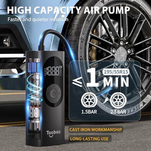 Image of Tire Inflator Portable Air Compressor for Car,Large motor 2X Fast,Tccbac Bike Pumps with 150 PSI High Pressure Gauge and LED Light,Tire Pump Auto Shut-Off Electric Air Pump for Car Ball Motorcycle