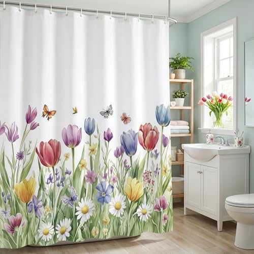 ZCHOMI Spring Tulip Floral Shower Curtain Wildflower Daisy Green Leaf Butterfly Bathroom Curtains Waterproof Polyester Fabric Bath Curtain 72 x 72 Inch with 12 Hooks