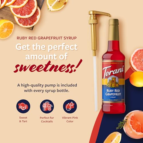 Image of Torani Ruby Red Grapefruit Syrup for Drinks, Flavoring for Sodas and Cocktails, Pump Included, 25.4 Oz