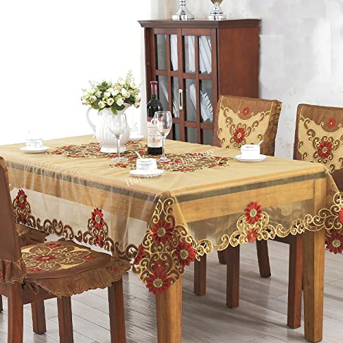 Nappe brodée or 220 cm ronde double fil fleur pour table à manger - 2