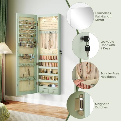 GOPLUS Espejo Joyero, Armario Joyero de Pared o Colgante de Puerta con Espejo de Cuerpo Entero, Luz LED, Cajones, Ranuras para Pendientes y Anillos, Organizador de Almacenamiento para Joyas (Verde) - imagen 3
