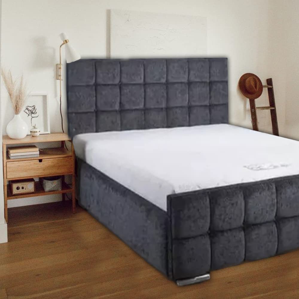 THE BED VILLAGE YORKSHIRE Cube Bed Upholstered Bed Frame. Velvet Bed Frames With Square Diamante Headboard. Crushed Fabric Bedroom Furniture (3ft Single, Black Crush)