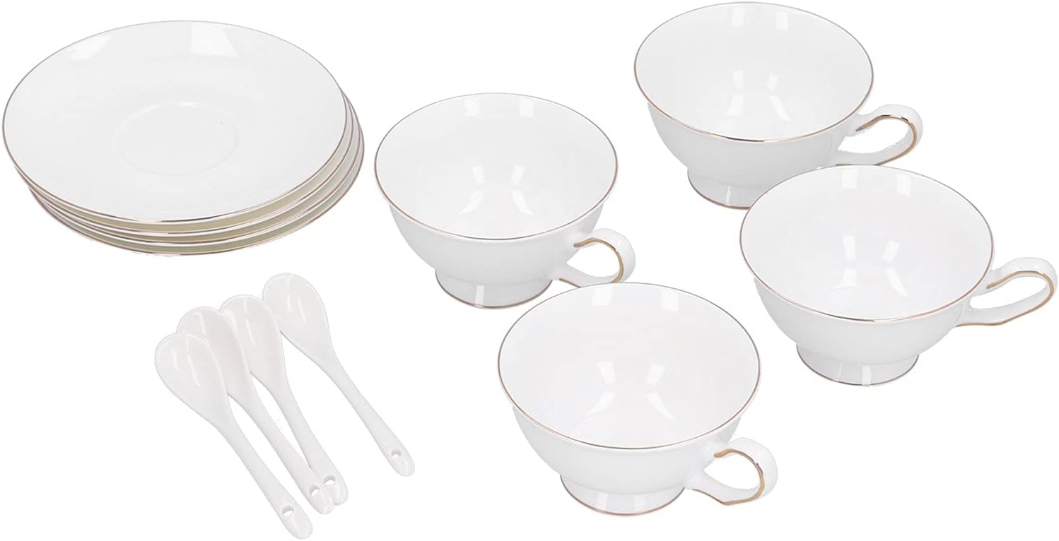 エレガントなホワイトコーヒーカップセット、ソーサーとスプーン付きハイボーンチャイナマグ4個、電子レンジ対応、人間工学に基づいたハンド