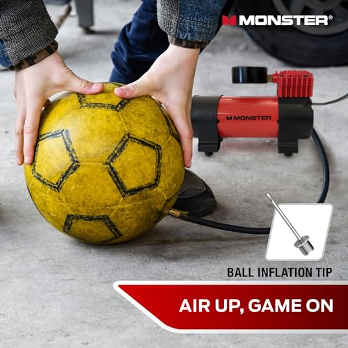 Image of Monster 100 PSI Air Compressor, Tire Inflator, 12V DC Power, Analog Display, Interchangeable Tips, Extra Fuse (10 Foot Cord) (Without Carry Handle)