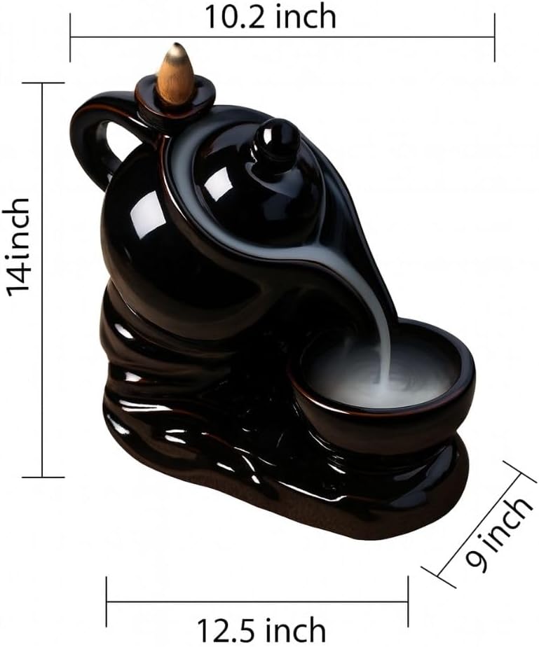 Spart Incorporation - Ceramic Teapot Backflow Incense Burner with 10 Cones, Aromatherapy Holder for Meditation, Relaxation, Room Décor, Sandalwood Smoke Fountain Showpiece Elegant Black Ceramic Design