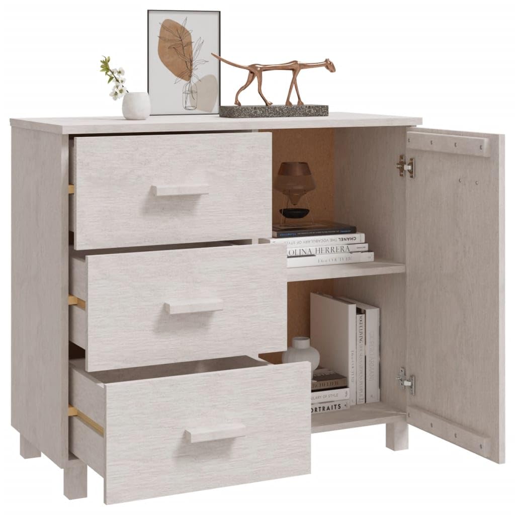 Kredens biały z litego drewna sosnowego, 90 x 40 x 80 cm, z drzwiami i 3 szufladami, schowek do salonu, korytarza, sypialni, praktyczna komoda z drewnianymi uchwytami i półką