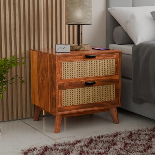 Image of Solid Sheesham Wood Bedside Table with 2 Cane Rattan Drawers | Wooden Nightstand with Spacious Storage (Honey Finish)