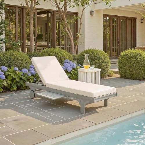 Image of SAFAVIEH Outdoor Collection Newport Grey / Beige Cushion Built-in Side Table Adjustable Chaise Lounge Chair