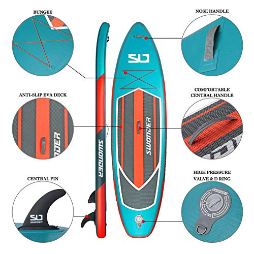 Swonder Premium Inflatable Stand Up Paddle Board, Ultra Durable & Steady, 11'6" Long 32" Wide 6" Thick, Full SUP Pack with Adjustable Paddle, Backpack, Leash, and Pump for Youth & Adult