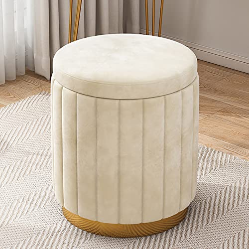 PTHTBL Round Velvet Storage Ottoman Upholstered Soft Foot Rest Stool with Gold Base Large Capacity Vanity Stool Chair for Living Room Bedroom Beige