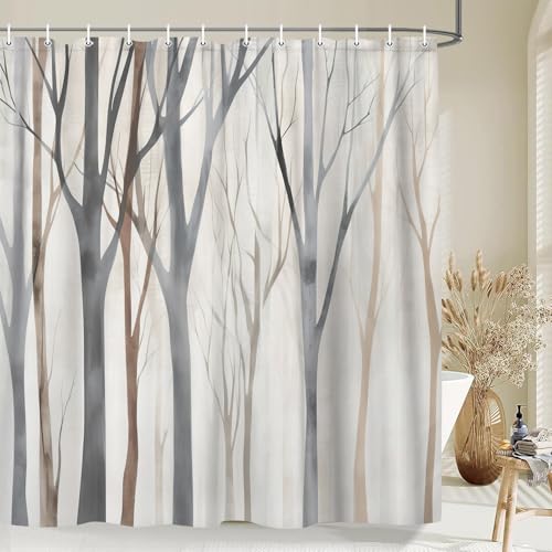 MERCHR Brown Grey Tree Fabric Shower Curtain, Art Style Abstract Birch Forest Rustic Wood Polyester Fabric Waterproof Bath Curtain, Farmhouse Bathroom Shower Curtains with Hooks 72X84 Inch by MERCHR - Used condition - Image 3