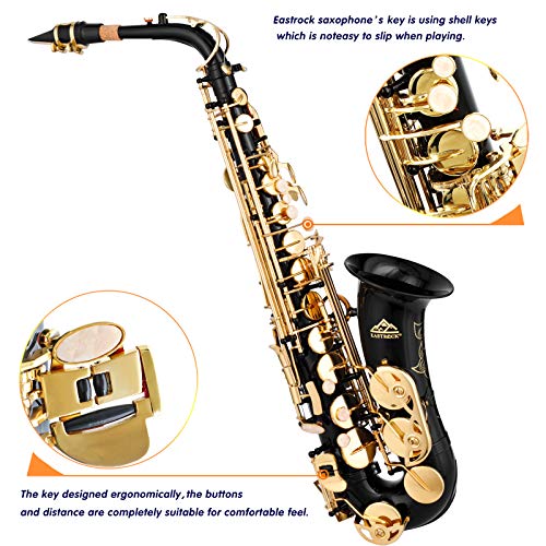 eastrock blackgolden alto saxophone e flat sax full kit for students beginner with carrying casemouthpiecemouthpiece cushion padscleaning clothampcleaning rodwhite glovesneck strap