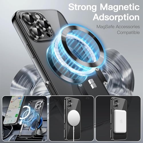 Image of VONZEE Electroplating Transparent Clear Logo Back Cover TPU Compatible with iPhone 16 Pro Case, Compatible with Magsafe, Full Body & Individual Camera Protection for Each Lens for Men & Women (Black)