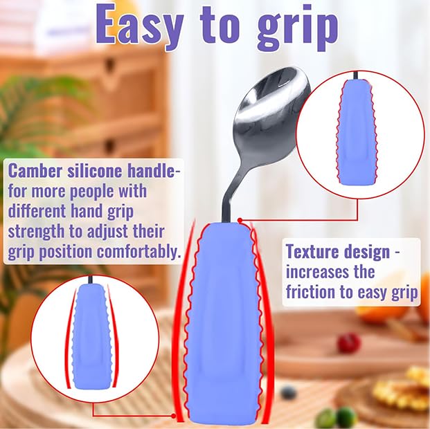 Adaptive Utensils - Cuchara y tenedor en ángulo para temblores de mano, Parkinson, utensilios pesados con asas antideslizantes de fácil agarre para comer independiente (1 cuchara + 1 tenedor =