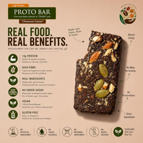 Image of PROTO BAR Choconut Fusion Protein Bar | No Whey, No Isolate, Just Real ingredients |13g Protein + High Fibre | Vegan | Gluten Free | (Chocolate, Pack of 24)