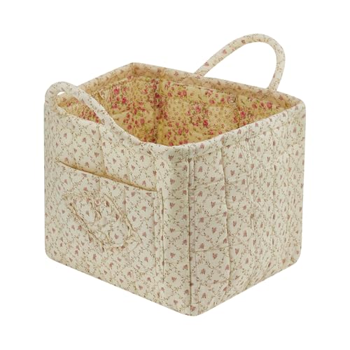 Image of Boho Fabric Storage Basket Quilted Floral Print Baskets Organizer Bin with Handles for Home, Picnic, Shopping (Yellow, L)