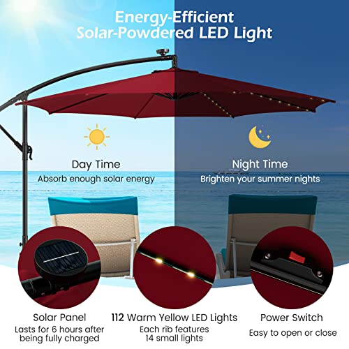 Tangkula 10Ft Solar Offset Umbrella, Tilted Cantilever Hanging Umbrella With 112 Led Lights, Lighted Patio Sun Shade With Crank Handle, Outdoor Market Umbrella For Poolside, Backyard & Deck (Burgundy) #TOP6