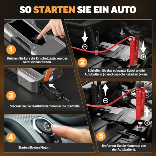 FNITAER Starthilfe Powerbank für pkw 8000A, Jump Starter Auto mit Kompressor 150PSI, 26800mAh Auto Starthilfe Powerbank für All Benzin und 12.0L Dieselmotor, Autobatterie Ladegerät Eingang/Ausgang