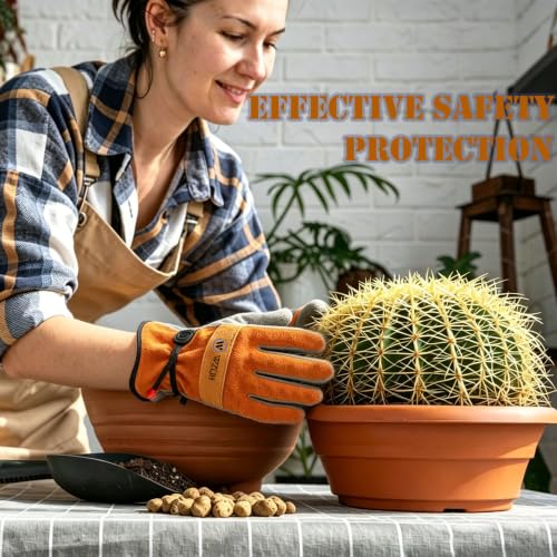 Image of WZQH Leather Work Gloves for Women or Men. Medium Glove for Gardening, Tig /Mig Welding, Construction, Chainsaw, Farm, Ranch, etc. Cowhide, Soft Lining, Utility, Firm Grip, Durable. Orange-Grey M