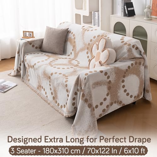 Image of HOKIPO Printed 320 GSM Chenille Sofa Cover Throw Blanket for 3 Seater Sofa - All Season, 'Serene Abode Series' Latte Dotted Wave (180x310 cm) (AR-6633-D3)