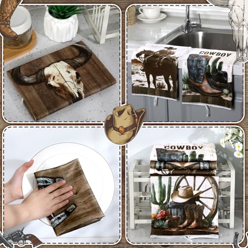 Image of Bencailor 6 Pcs Western Cow Kitchen Towels Decorative Sets Dish Towels Absorbent Fast Drying Hand Tea Vintage Hanging Reusable Cleaning Dishcloths for Cooking Farmhouse Bathroom Accessory