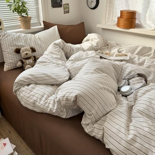 Image of EAVD Retro Striped Duvet Cover Full Brown&White Washed Microfiber 3-Piece