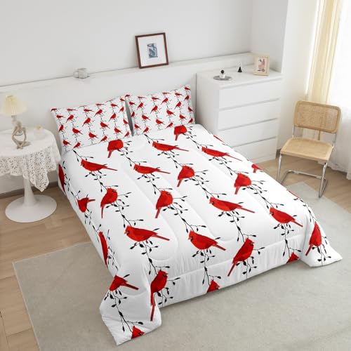 Image of Feelyou Kids Cute Bird Bedding Set for Girls Boys Red Birds Cardinals Comforter DecorBlack Tree Branches Comforter Set Farmhouse Country Duvet Set King Size 3Pcs Quilt Boys
