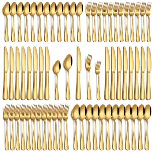 Image of PHILIPALA 60 Piece Gold Silverware Set, Stainless Steel Flatware Set for 12 Food Grade Novelty Flatware Cutlery Utensil Set Include Knife Fork Spoon Mirror Polished Dishwasher Safe