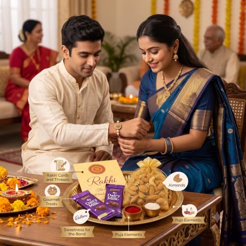 Image of Bay Nut Premium Rakhshabandhan /Rakhi Gift Hmaper Assortment Of Nuts & Dried Fruits 150gm, 2 rakhi, 2 choclates, kumkumchawal, greeting card (h-2)