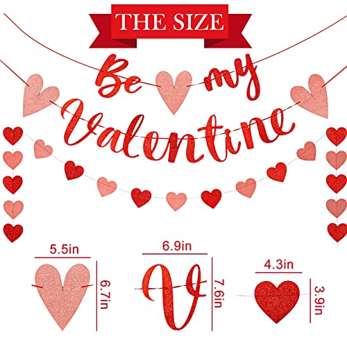 Image of Festiko Be My Valentine Banner & Heart Garland 3pcs Glitter Red Pink Happy Valentine's Day Large Pre-Assembled Holiday Banner Ornament for Wedding Engagement Party Home Decor