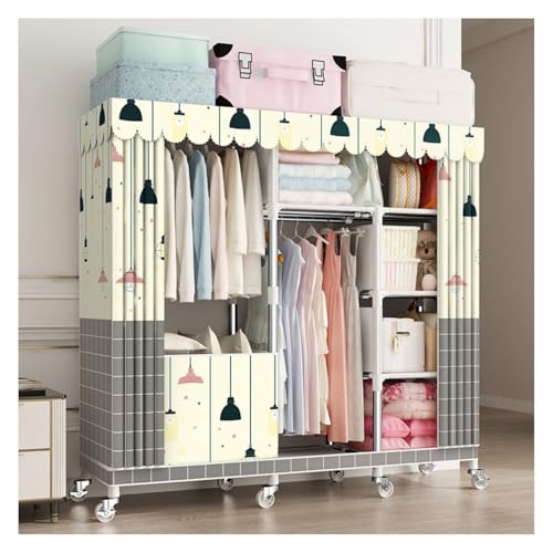 HJJ ワードローブ収納ラック カバー付き スチールフレームとピーチスキン素材 360°ユニバーサルホイール付き 大容量 ジッパーシールデザイン スチールフレームトップ収納 防水 防塵 汚れ防止 組み立て簡単 (スタイルC,143* 45* 170CM)