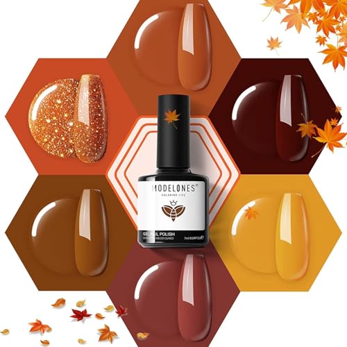 modelones Fall Gel Nail Polish Set, 6 Colors Brown Orange Gold Burgundy