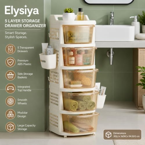 Image of 5 Tier Plastic Storage Drawer Cabinet with Side Basket /Hooks /Integrated Handle & Smooth Wheels | Modular System Rack for Storage in Home | Ivory & Golden