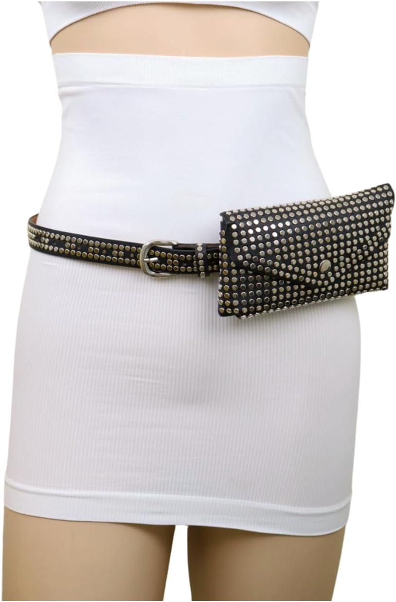 Women Fashion Skinny Belt Hip High Waist Silver Metal Studs + Mini Bag Wallet Size S M z037