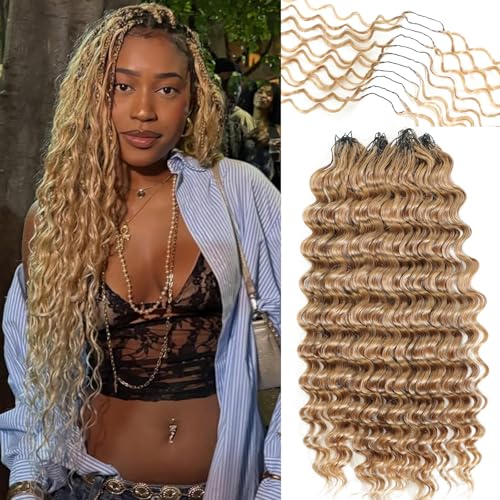 Urbeauty Feather Crochet Human Hair 100% Real Human Hair 100Strands Deep Wave for Boho Braids Pre-Looped Knotless & Invisible Soft & Reusable Beginner-Friendly(Honey Blonde)