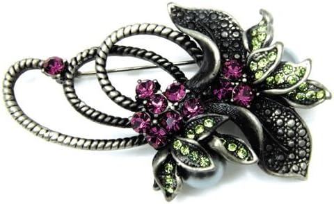 Lisa Hsieh Victorian Antique Silver Multi-Color Rhinestone Flower Brooch