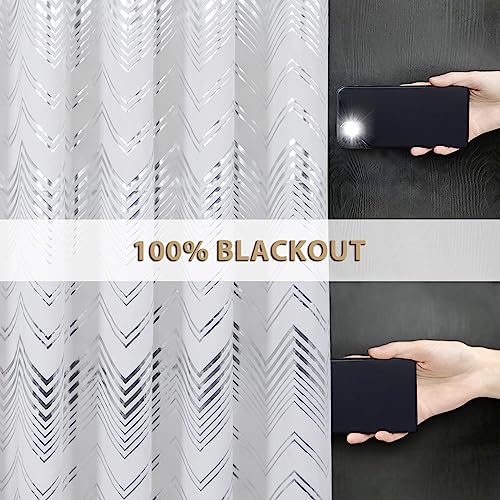always4u 100% Blackout Curtains For Living Room Velvet Energy Efficiency Drapes Luxury Silver Line Foil Print Lined Window Treatments 2 Panels White 90 * 90 - Image 4