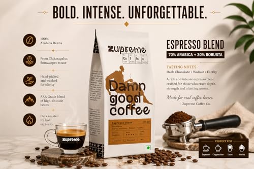 Image of Zupreme Premium Coffee Espresso Blend 70:30 | Arabica Robusta Coffee Beans | Medium to Dark Roast | Strong Crema & Bold Taste | Freshly Roasted | Ideal for Espresso & Milk Coffee | 250 Grams