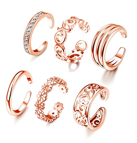 FUNRUN JEWELRY 6PCS Adjustable Toe Ring for Women Girls Open Tail Ring Band Hawaiian Foot Jewelry Rose Gold Tone