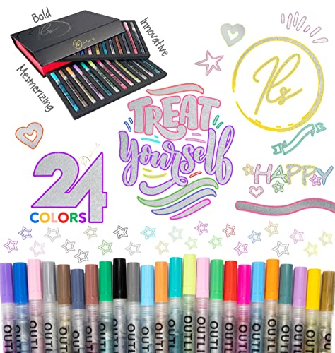 ILS | Juego de marcadores brillantes de 24 colores intensos: juego de marcadores de garabatos con contorno para manualidades, pinturas, letras, caligrafía, diarios, cumpleaños, marcador metálico, con purpurina, regalos para niños y adultos