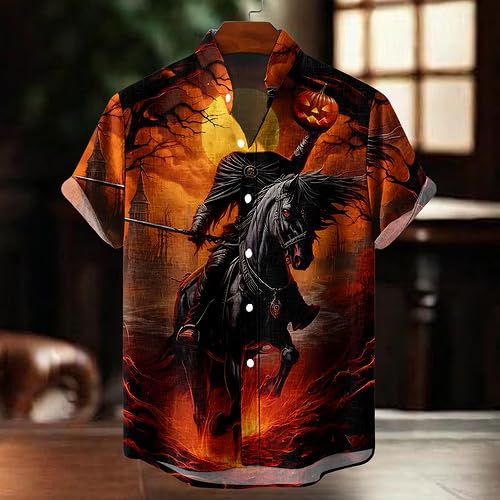 Skull Button Down Shirts for Men Novelty Headless Horseman Print Stand Collar Shirt Mens Personality Daily Streetwear2
